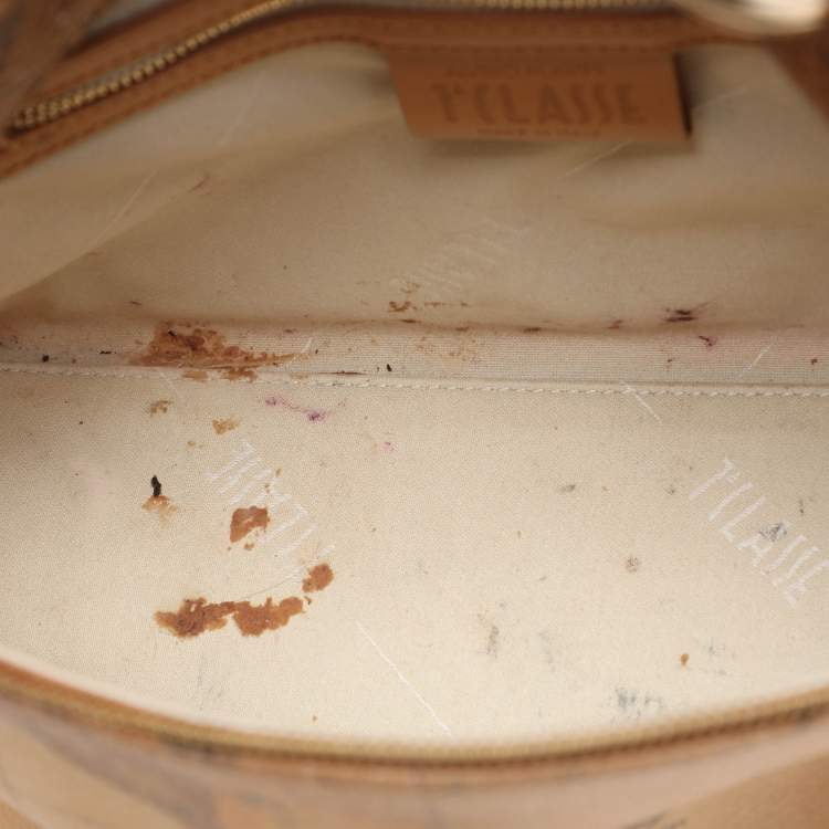 Pre Owned Alviero Martini 1A Classe Tan Geo Canvas and Python Embossed Leather Top Handle Bag