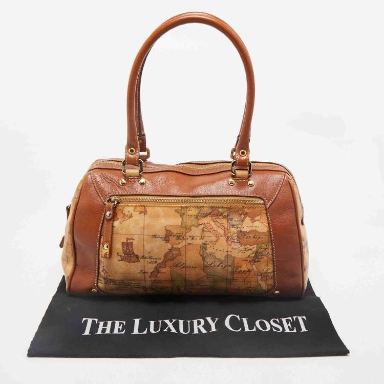 Pre Owned Alviero Martini 1A Classe Tan/Brown Geo Print Coated Canvas Satchel
