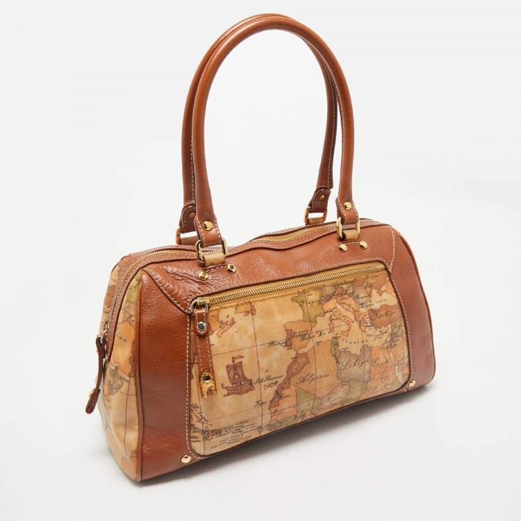 Pre Owned Alviero Martini 1A Classe Tan/Brown Geo Print Coated Canvas Satchel