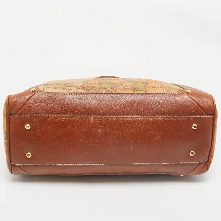 Pre Owned Alviero Martini 1A Classe Tan/Brown Geo Print Coated Canvas Satchel