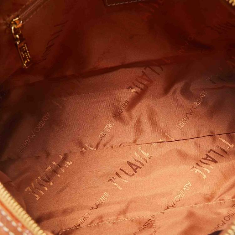 Pre Owned Alviero Martini 1A Classe Tan/Brown Geo Print Coated Canvas Satchel