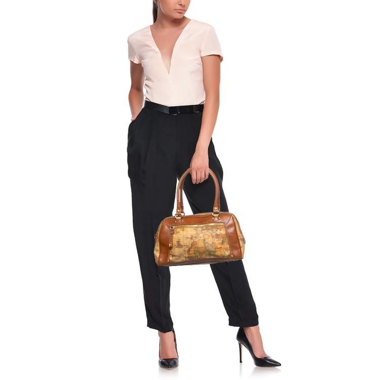 Pre Owned Alviero Martini 1A Classe Tan/Brown Geo Print Coated Canvas Satchel