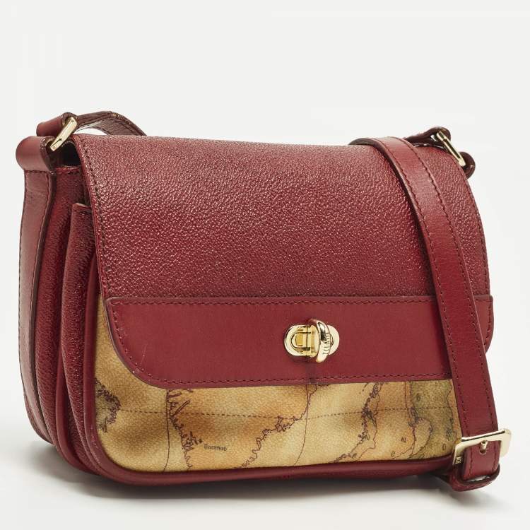 Pre Owned Alviero Martini 1A Classe Red/Tan Geo Print Coated Canvas and Leather Crossbody Bag