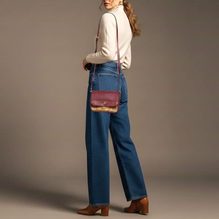 Pre Owned Alviero Martini 1A Classe Red/Tan Geo Print Coated Canvas and Leather Crossbody Bag