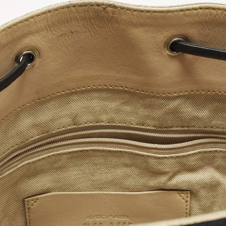 Pre Owned Alviero Martini 1A Classe Navy Blue Geo Embossed Leather Drawstring Bucket Bag