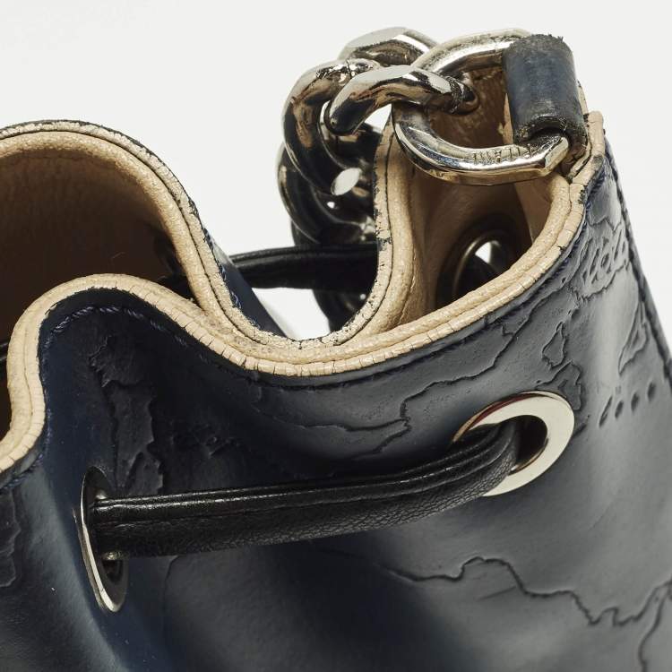 Pre Owned Alviero Martini 1A Classe Navy Blue Geo Embossed Leather Drawstring Bucket Bag