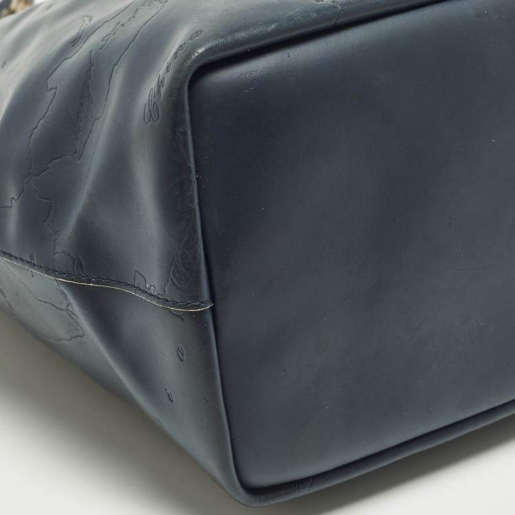 Pre Owned Alviero Martini 1A Classe Navy Blue Geo Embossed Leather Drawstring Bucket Bag