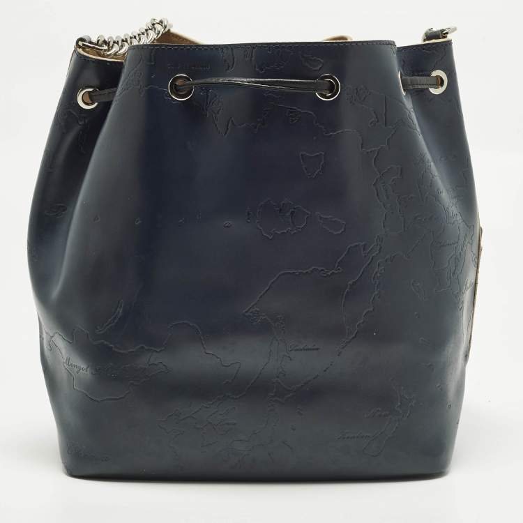 Pre Owned Alviero Martini 1A Classe Navy Blue Geo Embossed Leather Drawstring Bucket Bag