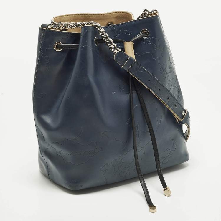 Pre Owned Alviero Martini 1A Classe Navy Blue Geo Embossed Leather Drawstring Bucket Bag