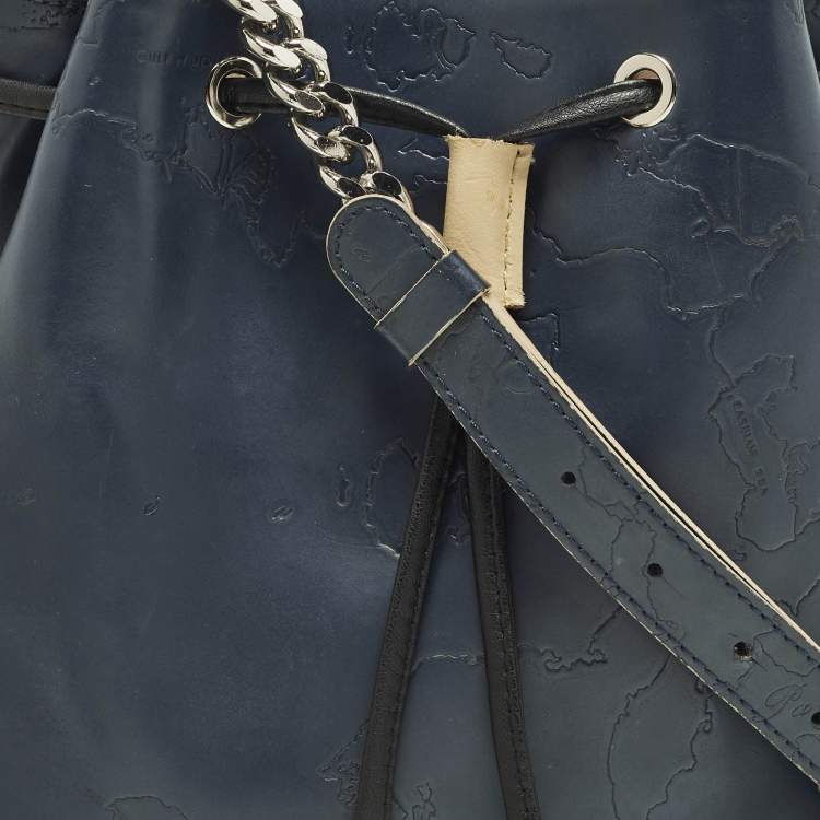 Pre Owned Alviero Martini 1A Classe Navy Blue Geo Embossed Leather Drawstring Bucket Bag