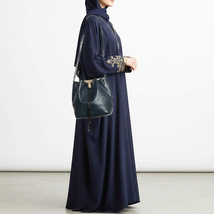 Pre Owned Alviero Martini 1A Classe Navy Blue Geo Embossed Leather Drawstring Bucket Bag