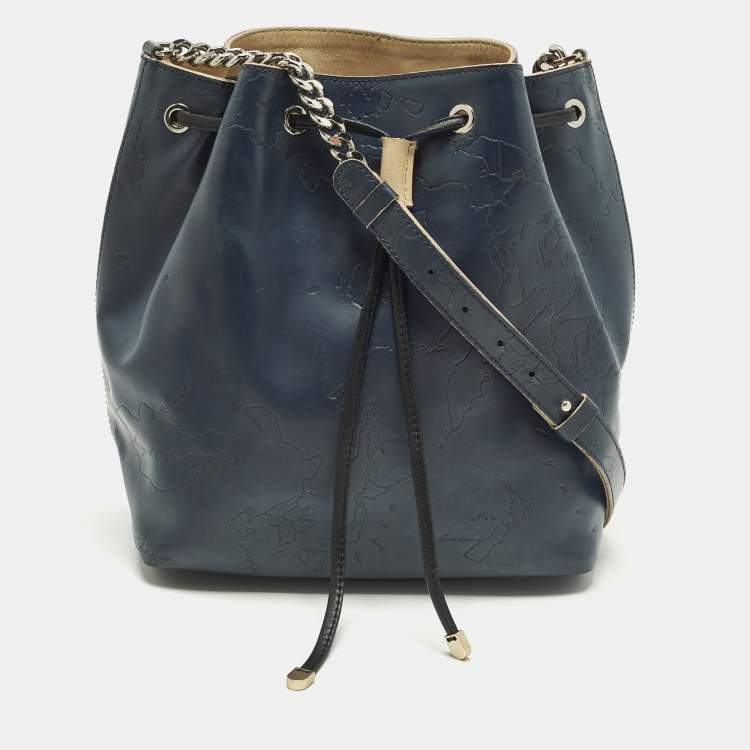 Pre Owned Alviero Martini 1A Classe Navy Blue Geo Embossed Leather Drawstring Bucket Bag