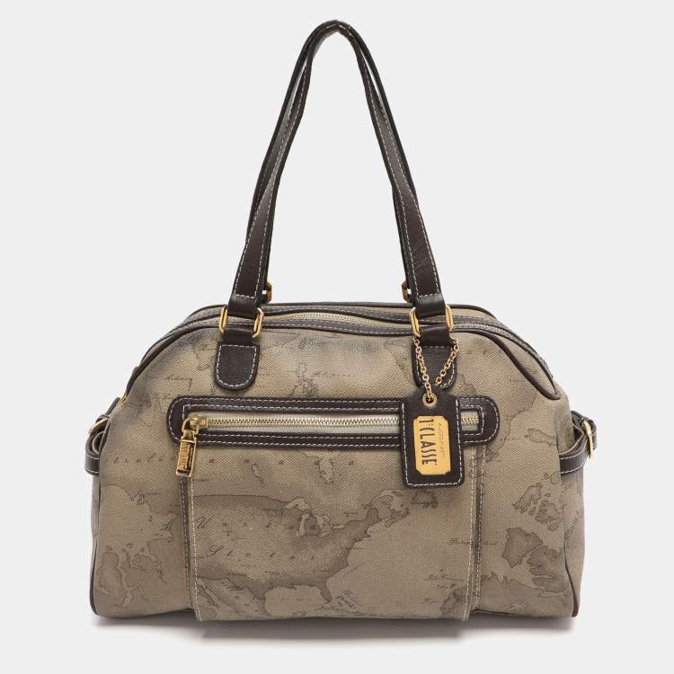Pre Owned Alviero Martini 1A Classe Beige/Brown Geo Print Coated Canvas Satchel
