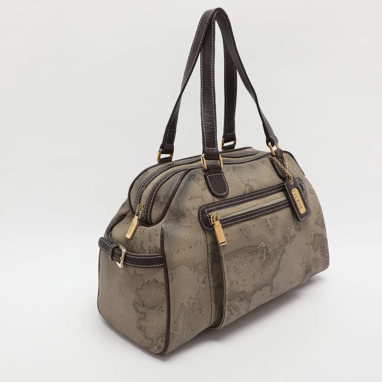 Pre Owned Alviero Martini 1A Classe Beige/Brown Geo Print Coated Canvas Satchel