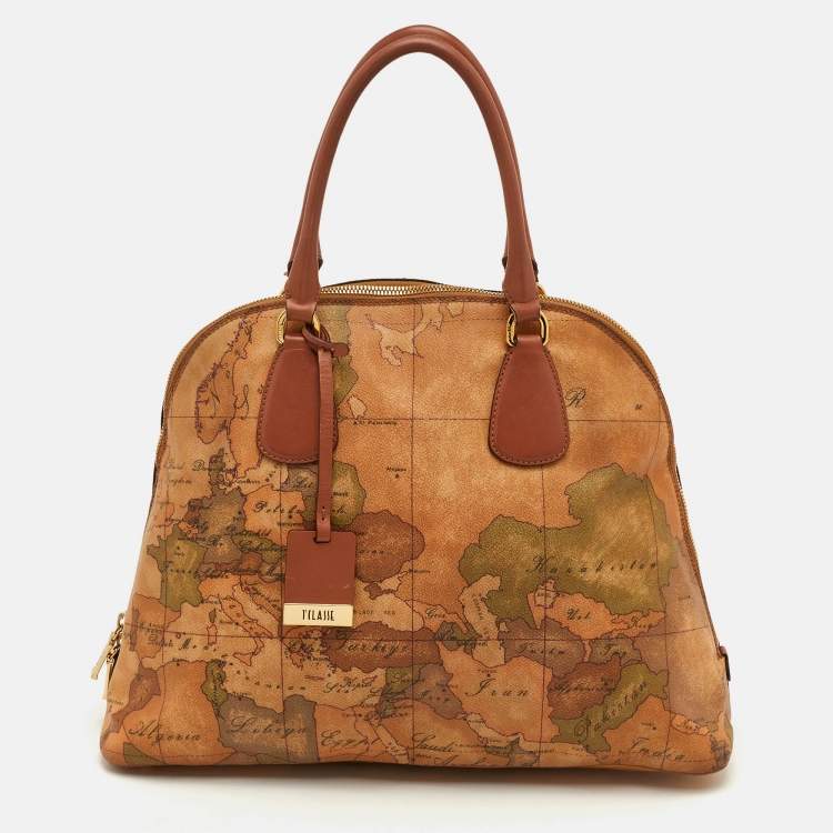 Pre Owned Alviero Martini 1A Classe Beige/Brown Geo Print Coated Canvas and Leather Dome Satchel