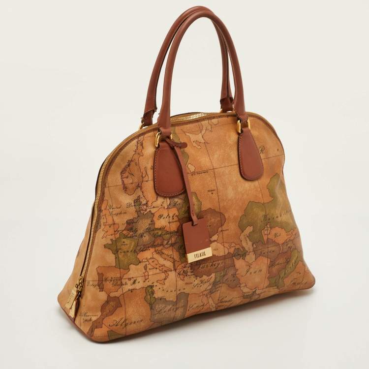 Pre Owned Alviero Martini 1A Classe Beige/Brown Geo Print Coated Canvas and Leather Dome Satchel
