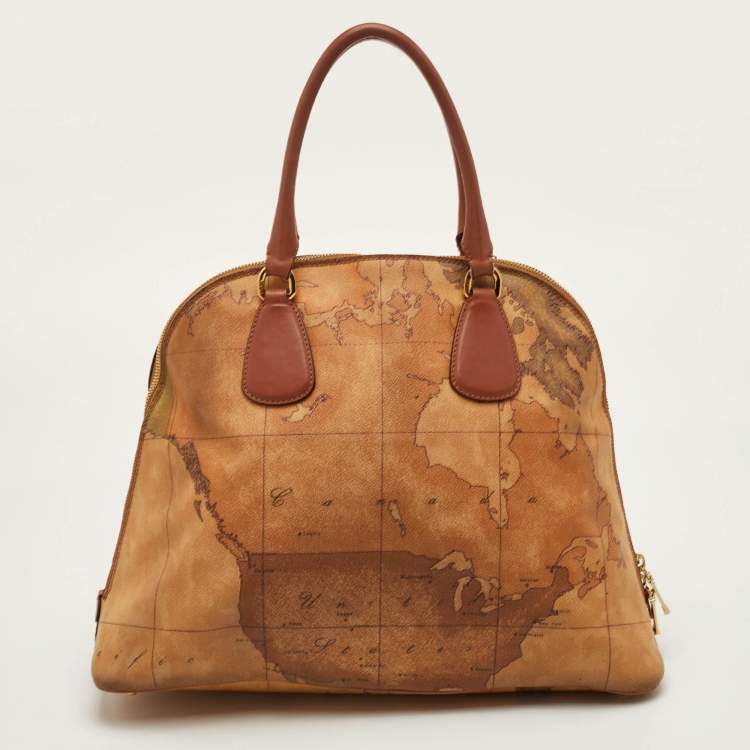 Pre Owned Alviero Martini 1A Classe Beige/Brown Geo Print Coated Canvas and Leather Dome Satchel