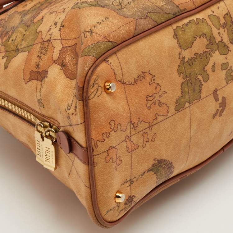 Pre Owned Alviero Martini 1A Classe Beige/Brown Geo Print Coated Canvas and Leather Dome Satchel