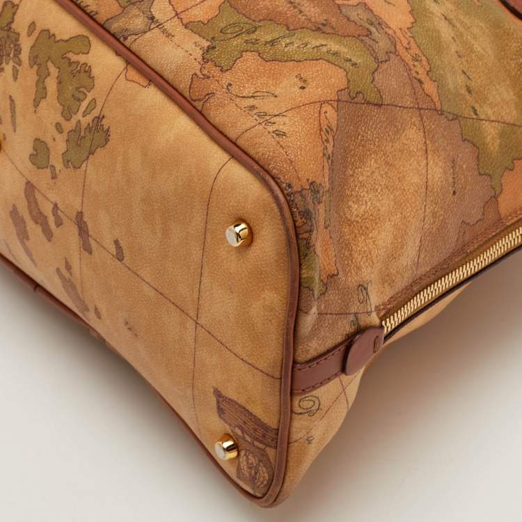 Pre Owned Alviero Martini 1A Classe Beige/Brown Geo Print Coated Canvas and Leather Dome Satchel