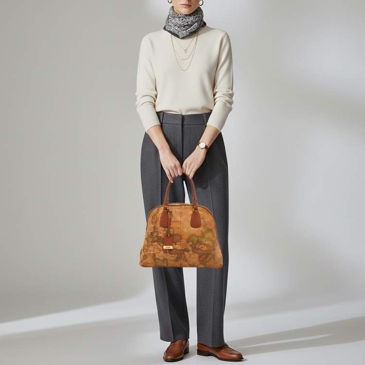 Pre Owned Alviero Martini 1A Classe Beige/Brown Geo Print Coated Canvas and Leather Dome Satchel