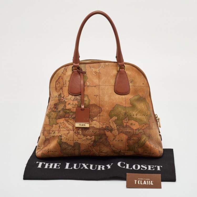 Pre Owned Alviero Martini 1A Classe Beige/Brown Geo Print Coated Canvas and Leather Dome Satchel