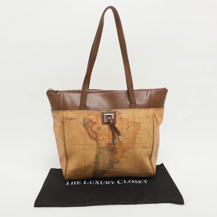Pre Owned Alviero Martini 1A Classe Tan/Brown Geo Print Coated Canvas and Leather Tote