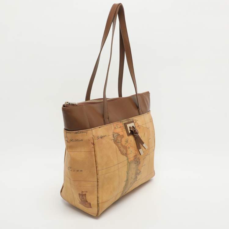 Pre Owned Alviero Martini 1A Classe Tan/Brown Geo Print Coated Canvas and Leather Tote
