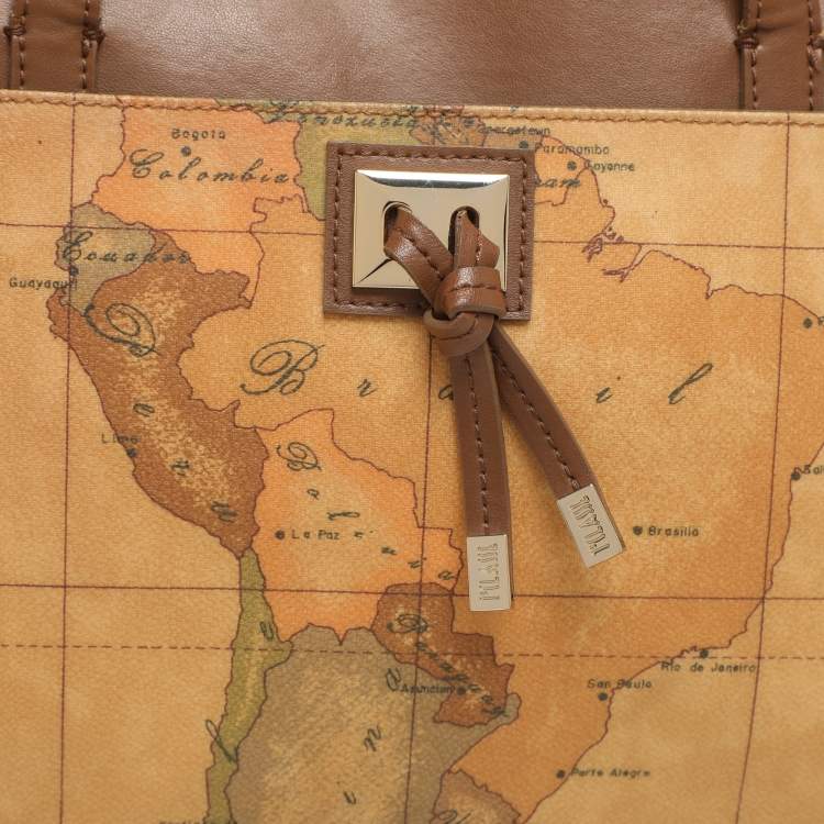 Pre Owned Alviero Martini 1A Classe Tan/Brown Geo Print Coated Canvas and Leather Tote