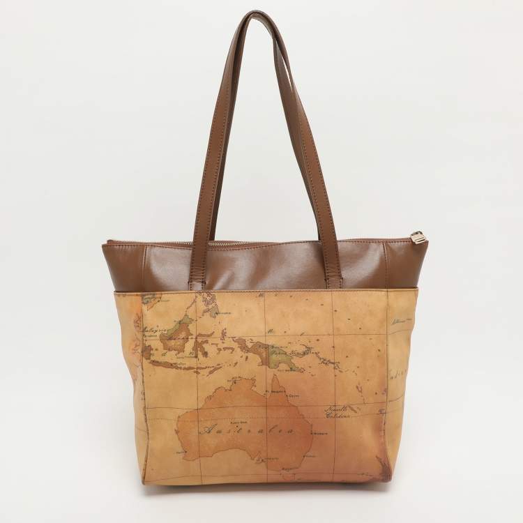 Pre Owned Alviero Martini 1A Classe Tan/Brown Geo Print Coated Canvas and Leather Tote