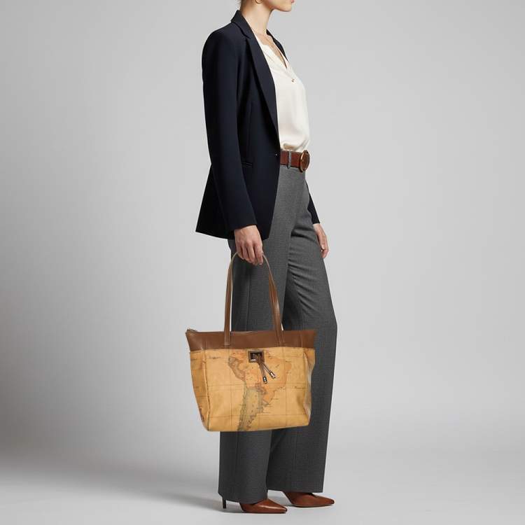 Pre Owned Alviero Martini 1A Classe Tan/Brown Geo Print Coated Canvas and Leather Tote