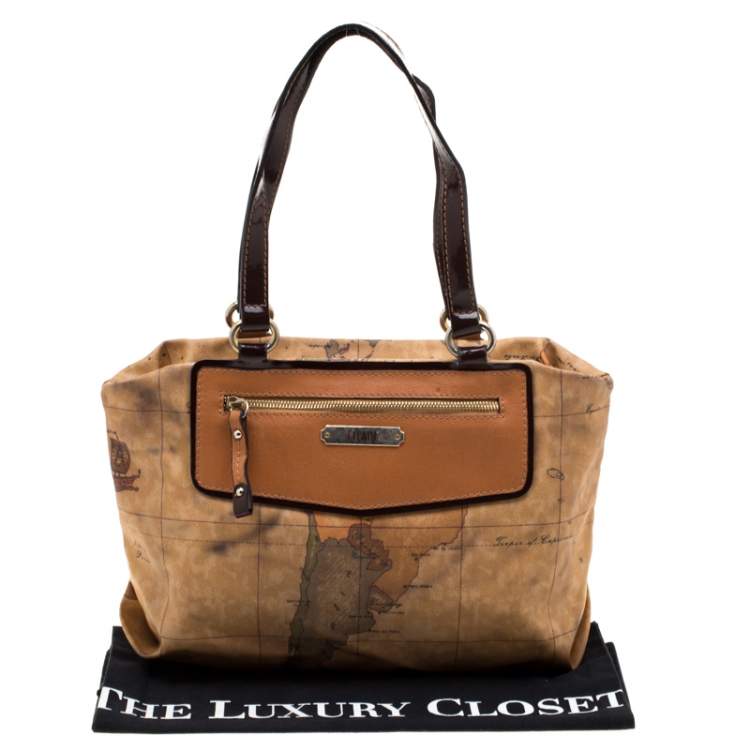Pre Owned Alviero Martini 1A Classe Brown Geo Print Coated Canvas Satchel