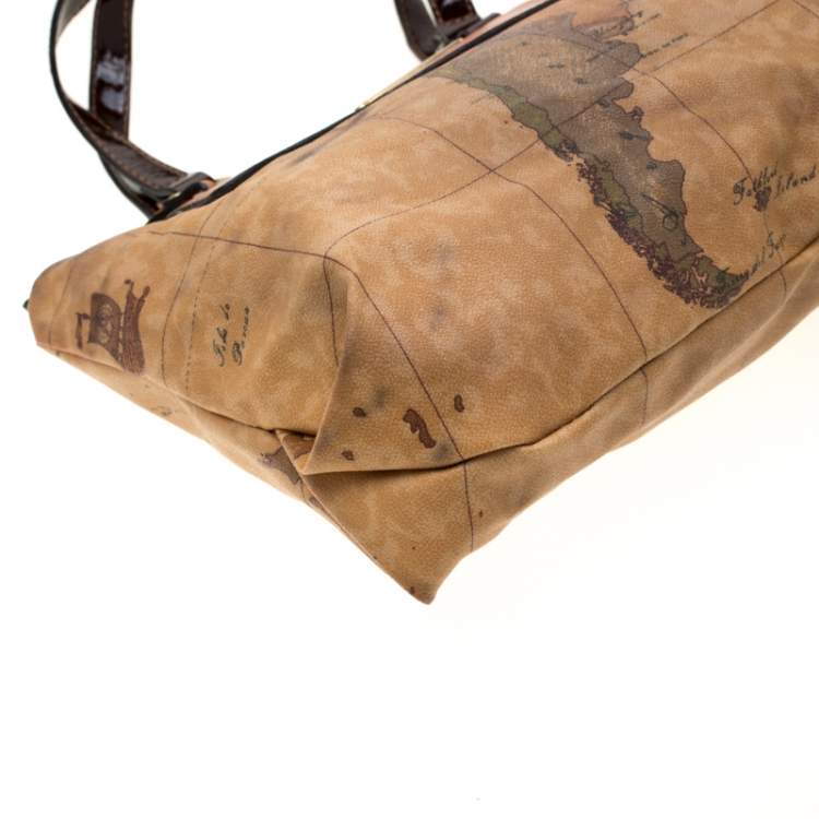 Pre Owned Alviero Martini 1A Classe Brown Geo Print Coated Canvas Satchel