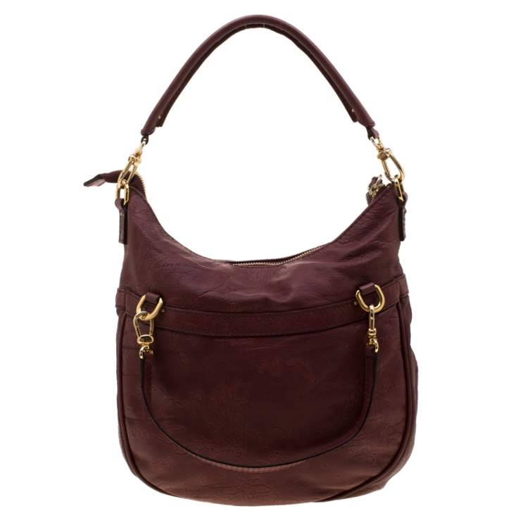 Pre Owned Alviero Martini 1A Classe Marron Map Embossed Leather Shoulder Bag