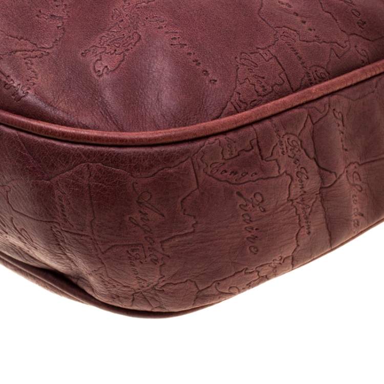 Pre Owned Alviero Martini 1A Classe Marron Map Embossed Leather Shoulder Bag