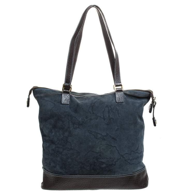Pre Owned Alviero Martini 1A Classe Blue/Dark Brown Geo Print Fabric and Leather Tote