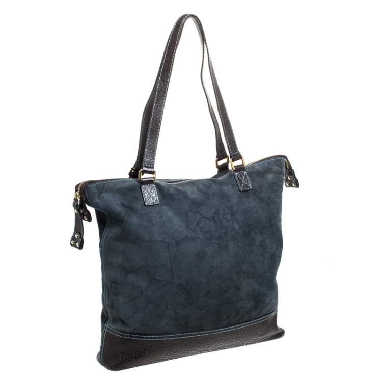 Pre Owned Alviero Martini 1A Classe Blue/Dark Brown Geo Print Fabric and Leather Tote