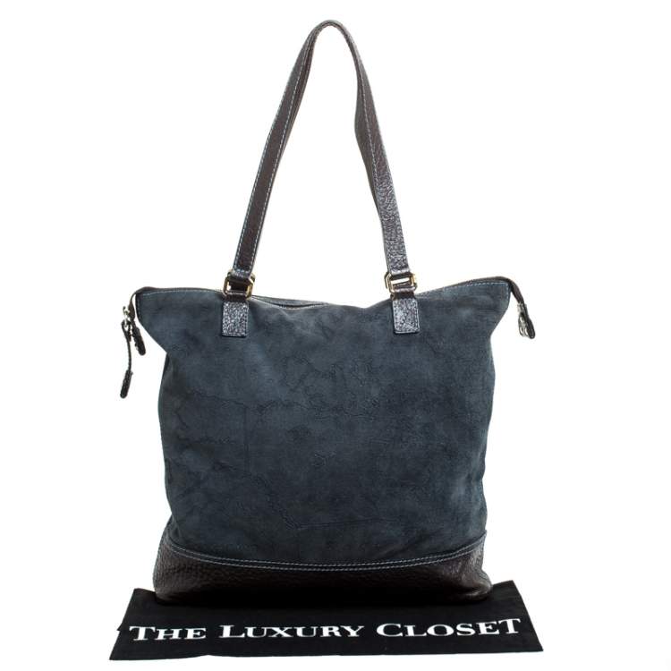 Pre Owned Alviero Martini 1A Classe Blue/Dark Brown Geo Print Fabric and Leather Tote