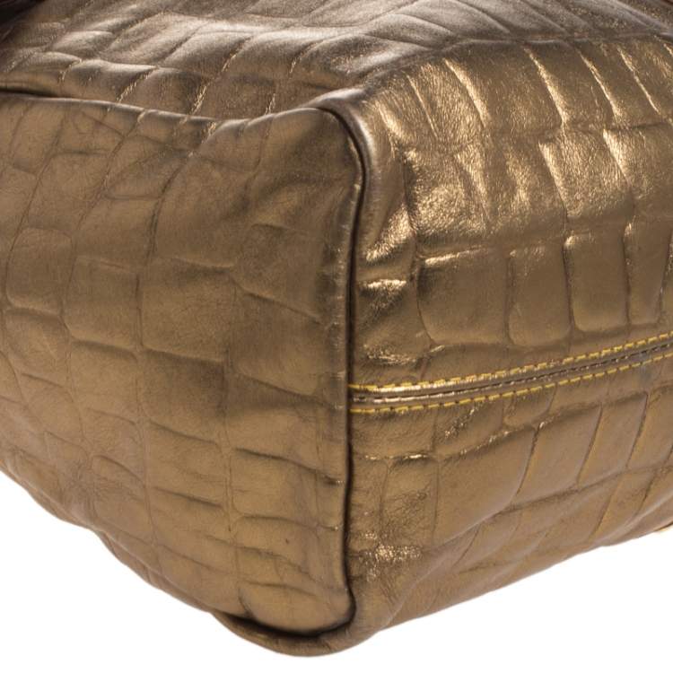 Pre Owned Alviero Martini 1A Classe Metallic Gold Croc Embossed Leather and Coated Canvas Geo Print Top Handle Bag