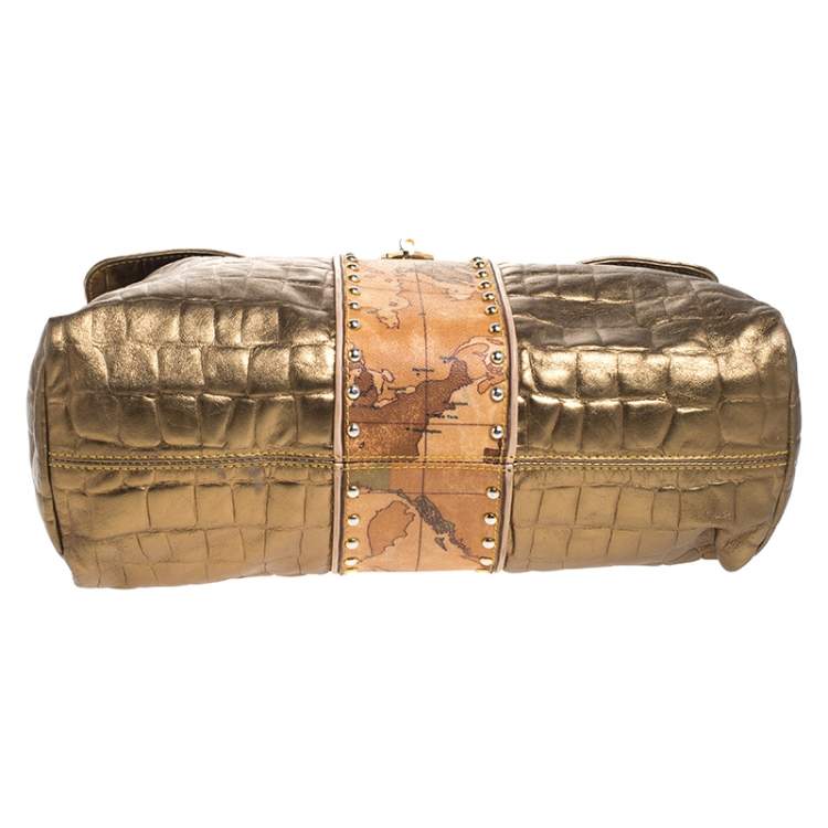 Pre Owned Alviero Martini 1A Classe Metallic Gold Croc Embossed Leather and Coated Canvas Geo Print Top Handle Bag