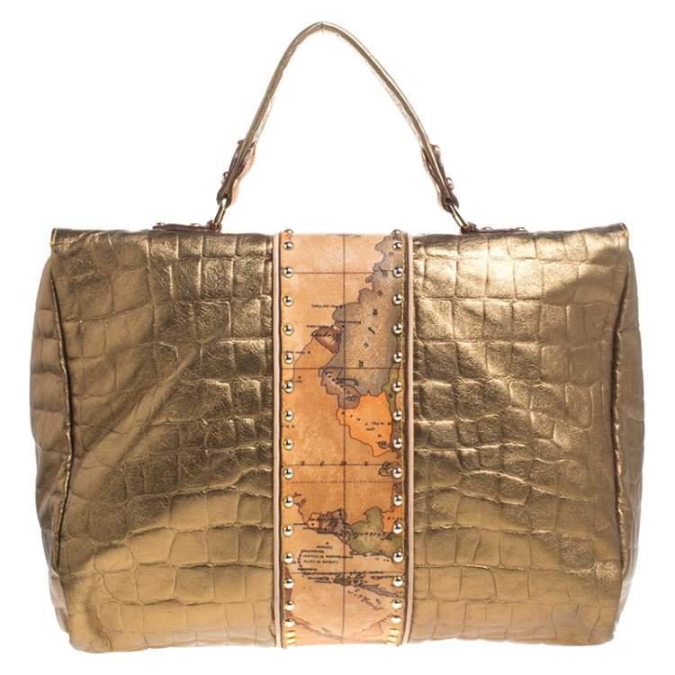 Pre Owned Alviero Martini 1A Classe Metallic Gold Croc Embossed Leather and Coated Canvas Geo Print Top Handle Bag