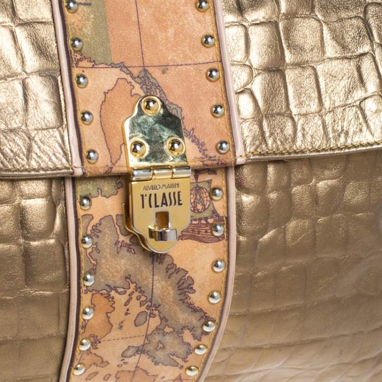 Pre Owned Alviero Martini 1A Classe Metallic Gold Croc Embossed Leather and Coated Canvas Geo Print Top Handle Bag