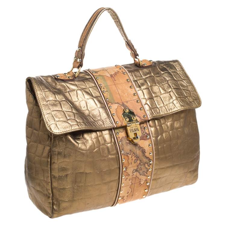 Pre Owned Alviero Martini 1A Classe Metallic Gold Croc Embossed Leather and Coated Canvas Geo Print Top Handle Bag