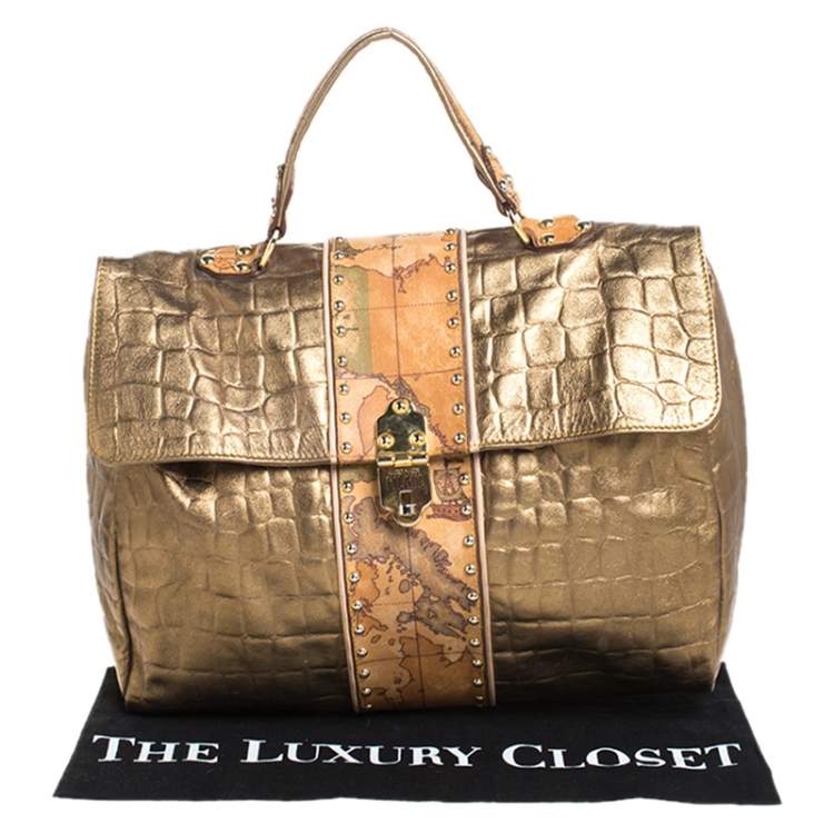 Pre Owned Alviero Martini 1A Classe Metallic Gold Croc Embossed Leather and Coated Canvas Geo Print Top Handle Bag