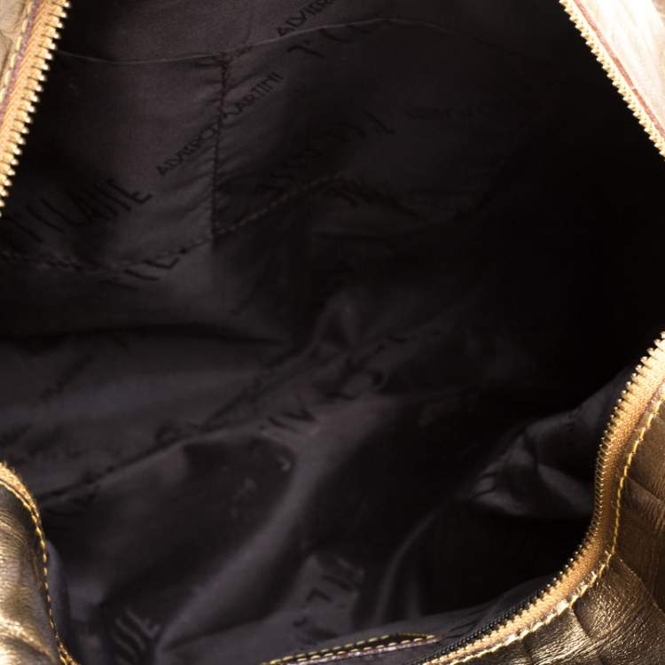 Pre Owned Alviero Martini 1A Classe Metallic Gold Croc Embossed Leather and Coated Canvas Geo Print Top Handle Bag