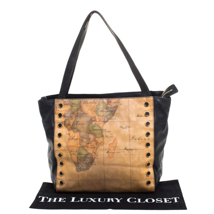 Pre Owned Alviero Martini 1A Classe Brown/Black Geo Print Coated Canvas Tote