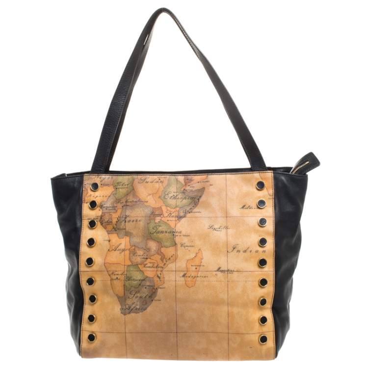 Pre Owned Alviero Martini 1A Classe Brown/Black Geo Print Coated Canvas Tote