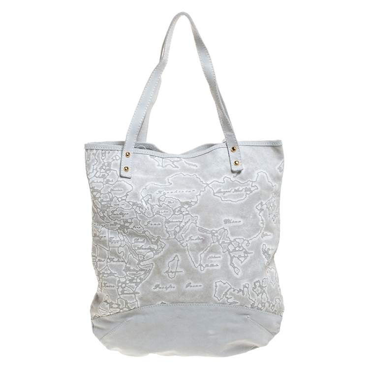 Pre Owned Alviero Martini 1A Classe Light Grey Embossed Print Suede Tote
