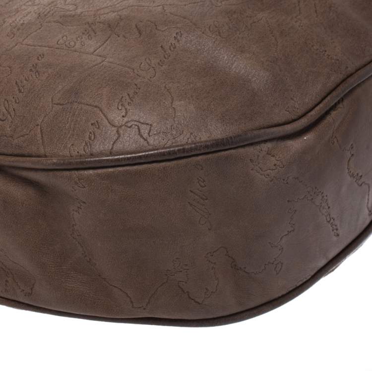 Pre Owned Alviero Martini 1A Classe Brown Map Embossed Leather Hobo