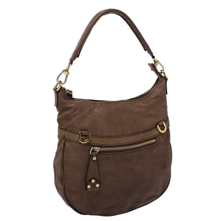Pre Owned Alviero Martini 1A Classe Brown Map Embossed Leather Hobo