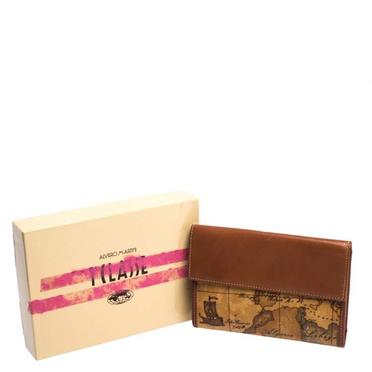Pre Owned Alviero Martini 1A Classe Tan Geo Map Coated Canvas and Leather Multiple Pocket Flap Wallet